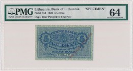 Lithuania, 5 Centai 1922 SPECIMEN MAX