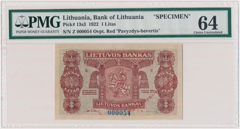 Lithuania, 1 Litas 1922 SPECIMEN - 000054 Reference: Pick 13s3
Grade: PMG 64 MA...