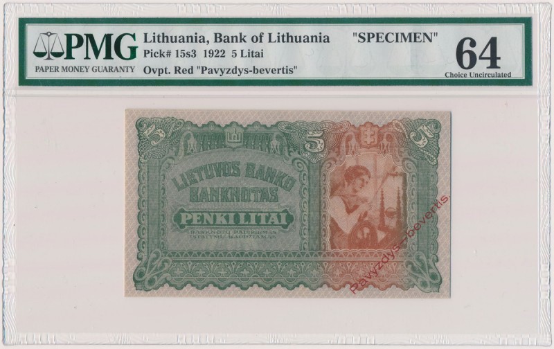 Lithuania, 5 Litai 1922 SPECIMEN Reference: Pick 15s3
Grade: PMG 64 MAX 

Lit...