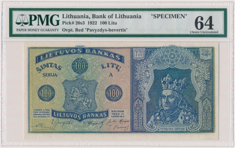 Lithuania, 100 Litu 1922 SPECIMEN Reference: Pick 20s3
Grade: PMG 64 

Lithua...