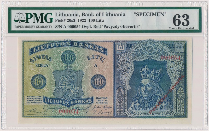 Lithuania, 100 Litu 1922 SPECIMEN - A 000054 Reference: Pick 20s3
Grade: PMG 63...