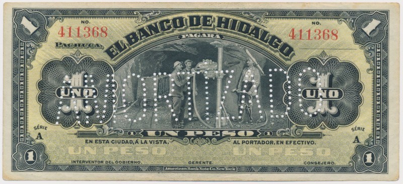 Mexico, Hidalgo 1 Peso 1914 AMORTIZADO Reference: Pick S304b
Grade: AU