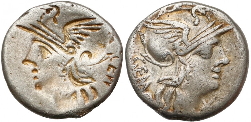 Roman Republic, Geminus, Brockage AR Denarius Bardzo rzadki destrukt, tzw. 'broc...