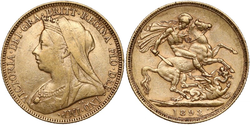 Australia, Victoria, Sovereign 1893-S, Sydney Złoto .917, średnica 22 mm, waga 7...