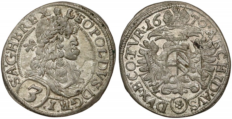 Austro-Węgry, Leopold I, 3 krajcary 1670, Wiedeń Bardzo ładny egzemplarz. Typ ze...