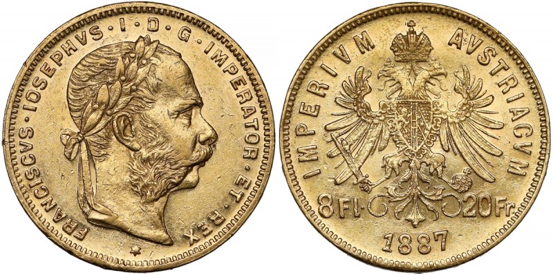 Austria, Franciszek Józef I, 8 florenów = 20 franków 1887 Złoto (Au.900), średni...