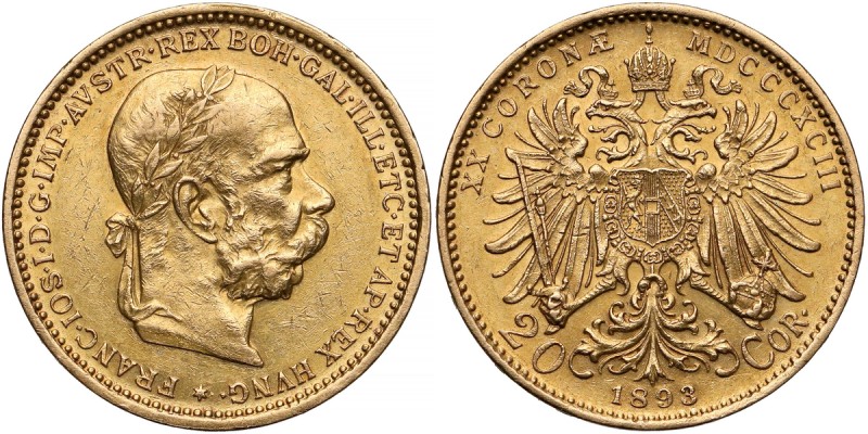 Austria, Franciszek Józef I, 20 koron 1893 Złoto .900, średnica 21 mm, waga 6.76...