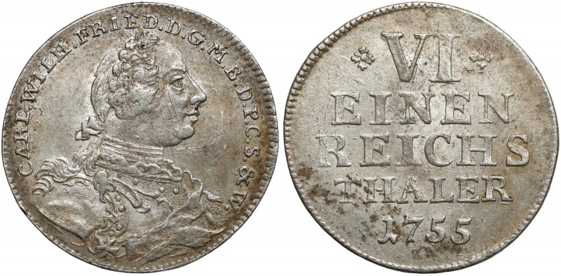 Niemcy, Brandenburgia-Ansbach, 1/6 talara 1755 Rzadka emisja. Srebro, średnica 2...