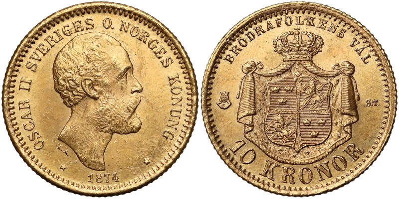 Sweden, Oscar II, 10 Kronor 1874 Złoto (Au.900), średnica 18.2 mm, waga 4.48 g
...