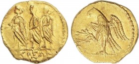 GREEK COINS
Estátera. Siglo I a.C. KOSON. Anv.: Tres figuras togadas a izquierda. Rev.: Águila en pie a izquierda sobre cetro, llevando corona en la ...