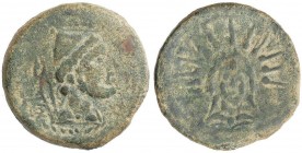 CELTIBERIAN COINS
As. 200-20 a.C. MALACA (MÁLAGA). Anv.: Busto de Vulcano barbado con birrete cónico terminado en borla y coleta a derecha, detrás te...