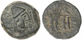 CELTIBERIAN COINS
Cuadrante. 200-20 a.C. MALACA (MÁLAGA). Anv.: Cabeza de Vulcano con gorro puntiagudo a derecha, delante tenazas, detrás leyenda neo...