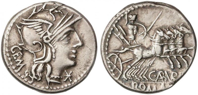 ROMAN COINS: ROMAN REPUBLIC
Denario. 134 a.C. ABURIA-1. C. Aburius Geminus. Anv...