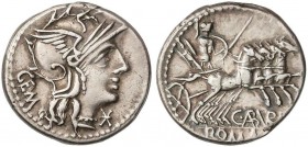ROMAN COINS: ROMAN REPUBLIC
Denario. 134 a.C. ABURIA-1. C. Aburius Geminus. Anv.: GEM. Cabeza de Roma a derecha, delante *. Rev.: Marte con arco, lan...