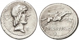 ROMAN COINS: ROMAN REPUBLIC
Denario. 90 a.C. CALPURNIA. L. Calpurnius Piso Frugi. Anv.: Cabeza laureada de Apolo, detrás láurea, bajo el mentón: II. ...