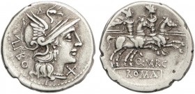 ROMAN COINS: ROMAN REPUBLIC
Denario. 148 a.C. MARCIA-1. Q. Marcius. Libo. Rev.: Dioscuros a caballo a derecha, encima estrellas, debajo Q. MARC. En e...