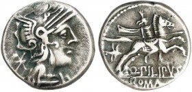 ROMAN COINS: ROMAN REPUBLIC
Denario. 129 a.C. MARCIA-11. Q. Marcius Philipus. Rev.: Jinete con lanza a derecha, detrás yelmo macedonio, debajo Q. PIL...