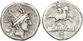 ROMAN COINS: ROMAN REPUBLIC
Denario. 113-112 a.C. MARCIA-12. L. Marcius Philippus. Anv.: Cabeza de Filipo V de Macedonia a derecha, delante F, detrás...