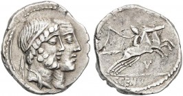 ROMAN COINS: ROMAN REPUBLIC
Denario. 88 a.C. MARCIA-18. Caius Marcius Censorinus. Rev.: Jinete con látigo, conduciendo un segundo caballo a derecha, ...