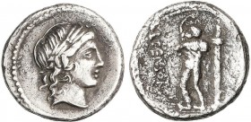 ROMAN COINS: ROMAN REPUBLIC
Denario. 88 a.C. MARCIA-24. L. Marcius Censorinus. Rev.: Sátiro Marsyas en pie a izquierda, detrás estatua sobre una colu...