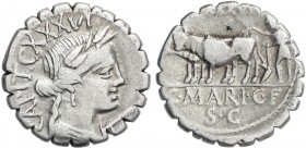 ROMAN COINS: ROMAN REPUBLIC
Denario. 81 a.C. MARIA-9. C. Marius C. f. Capito. Anv.: Cabeza laureada de Ceres a derecha, encima CXXXVI, debajo la barb...