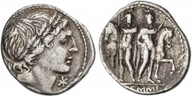 ROMAN COINS: ROMAN REPUBLIC
Denario. 109-108 a.C. MEMMIA-1. L. Memmius. Rev.: Los Dióscuros en pie de frente, sosteniendo las bridas de sus caballos....