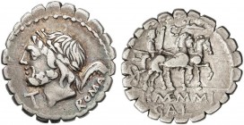 ROMAN COINS: ROMAN REPUBLIC
Denario. 106 a.C. MEMMIA-2. L. Memmius L. f. Galeria. Anv.: Cabeza laureada de Saturno a izquierda entre T y ROMA. 3,7 gr...