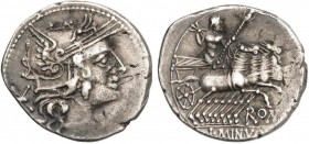 ROMAN COINS: ROMAN REPUBLIC
Denario. 133 a.C. MINUCIA-15. L. Minucius Thermus. Rev.: Júpiter en cuadriga a derecha con cetro y haz de rayos, debajo R...
