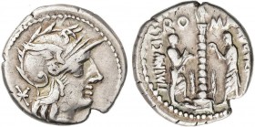 ROMAN COINS: ROMAN REPUBLIC
Denario. 134 a.C. MINUCIA-9. Ti. Minucius Augurinus. Rev.: Columna surmontada por estatua, a cada lado personaje togado, ...