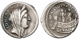 ROMAN COINS: ROMAN REPUBLIC
Denario. 42 a.C. MUSSIDIA-6b. L. Mussidius Longus. Anv.: Cabeza diademada y velada de Concordia a derecha, detrás CONCORD...