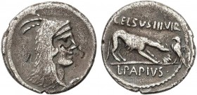 ROMAN COINS: ROMAN REPUBLIC
Denario. 45 a.C. PAPIA-2. L. Papius Celsus. Rev.: Lobo a derecha, colocando un leño en el fuego, águila a izquierda batie...