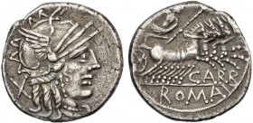ROMAN COINS: ROMAN REPUBLIC
Denario. 122 a.C. PAPIRIA-7. Papirius Carbo. 3,74 grs. AR. Ligera pátina oscura. Cal-1062; Craw-279/1; FFC-958. MBC+.