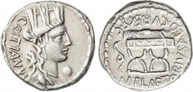 ROMAN COINS: ROMAN REPUBLIC
Denario. 67 a.C. PLAETORIA-3. M. Plaetorius M. f. Cestianus. Anv.: Cabeza de Cibeles con corona mural a derecha, delante ...