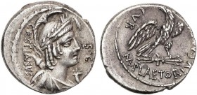 ROMAN COINS: ROMAN REPUBLIC
Denario. 67 a.C. PLAETORIA-4. M. Plaetorius M. f. Cestianus. Anv.: Cabeza con casco de la diosa Vacuna a derecha, delante...