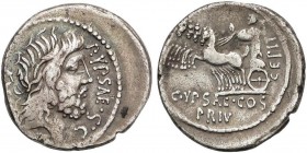 ROMAN COINS: ROMAN REPUBLIC
Denario. 60 a.C. PLAUTIA-11. P. Plautius Hypsaeus. Anv.: Cabeza de Neptuno a derecha, detrás tridente, delante P. YPSAE. ...
