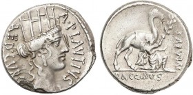 ROMAN COINS: ROMAN REPUBLIC
Denario. 55 a.C. PLAUTIA-13. A. Plautius. Rev.: Bacchius de rodillas a derecha, sosteniendo por las bridas a un camello. ...