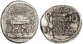 ROMAN COINS: ROMAN REPUBLIC
Denario. 54 a.C. POMPEIA-5. Q. Pompeius Rufus. Anv.: Q. POMPEI Q. F. RVFVS, debajo COS. Silla curul entre flecha y rama d...