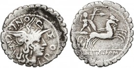 ROMAN COINS: ROMAN REPUBLIC
Denario. 118 a.C. POMPONIA-7. L. Pomponius Cn. f. Rev.: El guerrero Bituito en biga a derecha lanzando una jabalina. En e...