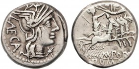 ROMAN COINS: ROMAN REPUBLIC
Denario. 125 a.C. PORCIA-3. Marcius Porcius Laeca. Rev.: Libertad en cuadriga a derecha, debajo M. PORC. En exergo: ROMA....