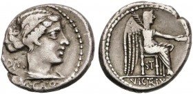ROMAN COINS: ROMAN REPUBLIC
Denario. 89 a.C. PORCIA-6. M. Porcius Cato. Rev.: Victoria alada con pátera y palma sentada a derecha, debajo la silla, S...