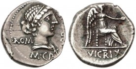 ROMAN COINS: ROMAN REPUBLIC
Denario. 47-46 a.C. PORCIA-10. M. Porcius Cato. Rev.: Victoria alada con pátera y palma sentada a derecha. En exergo VICT...