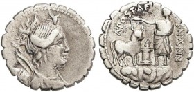 ROMAN COINS: ROMAN REPUBLIC
Denario. 81 a.C. POSTUMIA-7. A. Postumius A. f. Sp. n. Albinus. Anv.: Busto de Diana a derecha, encima cabeza de toro, de...