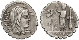 ROMAN COINS: ROMAN REPUBLIC
Denario. 81 a.C. POSTUMIA-8. A. Postumius A. f. Sp. n. Albinus. Anv.: Cabeza velada de Hispania a derecha, detrás HISPAN....
