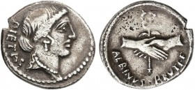 ROMAN COINS: ROMAN REPUBLIC
Denario. 48 a.C. POSTUMIA-10. D. Postumius Albinus Bruti F. Rev.: Dos manos juntas sosteniendo un caduceo alado, debajo A...