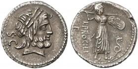 ROMAN COINS: ROMAN REPUBLIC
Denario. 80 a.C. PROCILIA-1. L. Procilius f. Rev.: Juno Sospita a derecha con escudo y lanza, delante serpiente, detrás L...