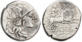 ROMAN COINS: ROMAN REPUBLIC
Denario. 138 a.C. RENIA-1. C. Renius. Rev.: Juno Caprotina en biga a derecha arrastrada por machos cabríos, debajo C. REN...