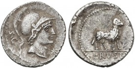 ROMAN COINS: ROMAN REPUBLIC
Denario. 76 a.C. RUSTIA-1. L. Rustius. Anv.: Cabeza de Marte a derecha, entre S. C. y X. Rev.: Macho cabrío a derecha. En...