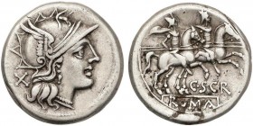 ROMAN COINS: ROMAN REPUBLIC
Denario. 154 a.C. SCRIBONIA-1. C. Scribonius Curio. Rev.: Dioscuros a caballo a derecha, debajo: C. SCR. En exergo: ROMA....