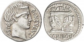 ROMAN COINS: ROMAN REPUBLIC
Denario. 62 a.C. SCRIBONIA-8a. L. Scribonius Libo. Rev.: El Pozo Scriboniano adornado con guirnaldas, debajo martillo. En...