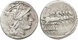 ROMAN COINS: ROMAN REPUBLIC
Denario. 101 a.C. SENTIA-1a. Lucius Sentius C. f. Rev.: Júpiter en cuadriga a derecha; encima los caballos letra. En exer...